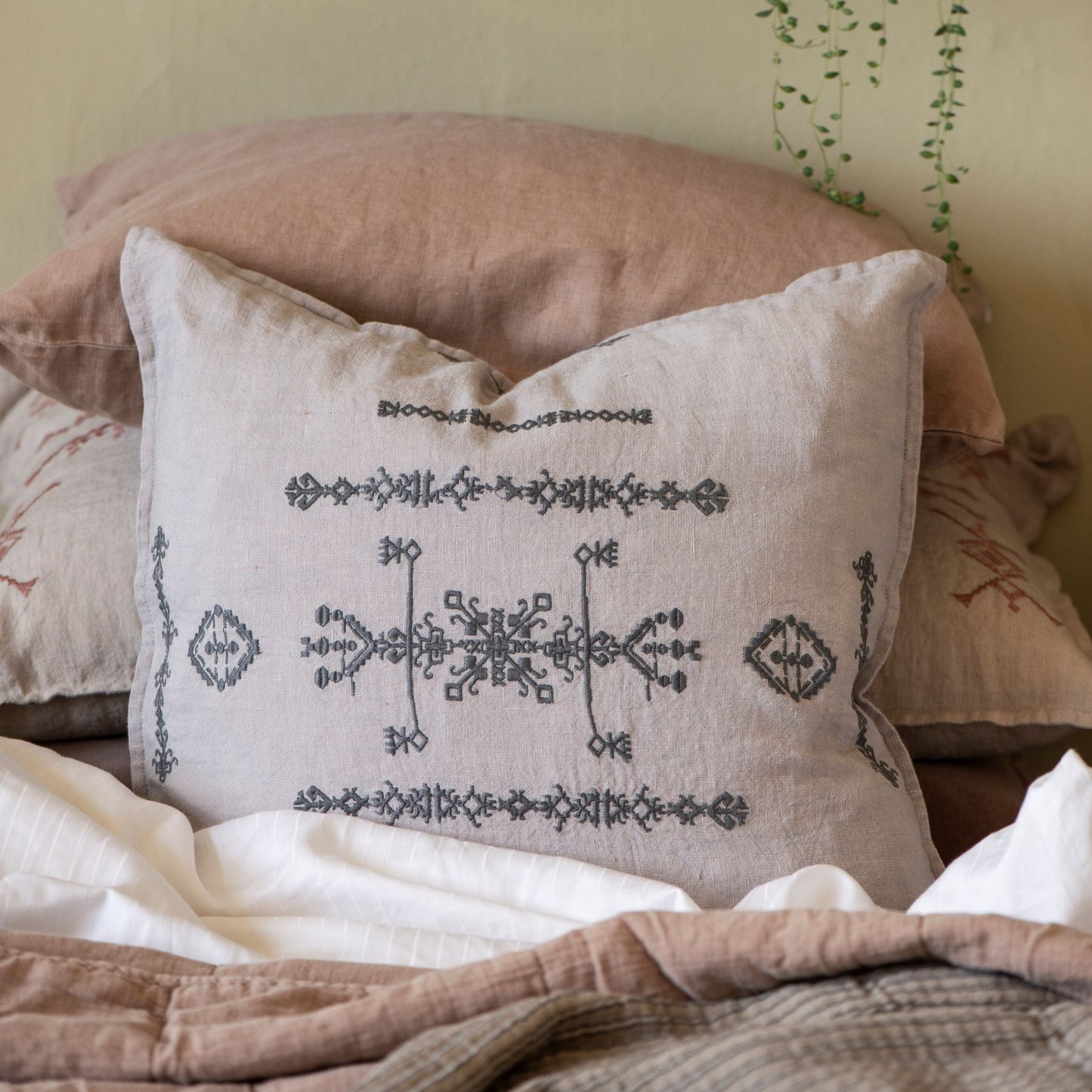 Grey Cushion Cover - Dark Grey Embroidery