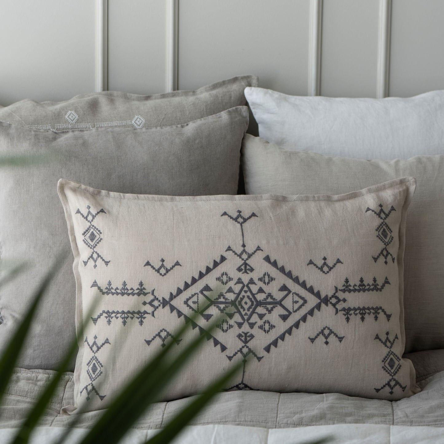 Natural Cushion Cover - Dark Grey Embroidery