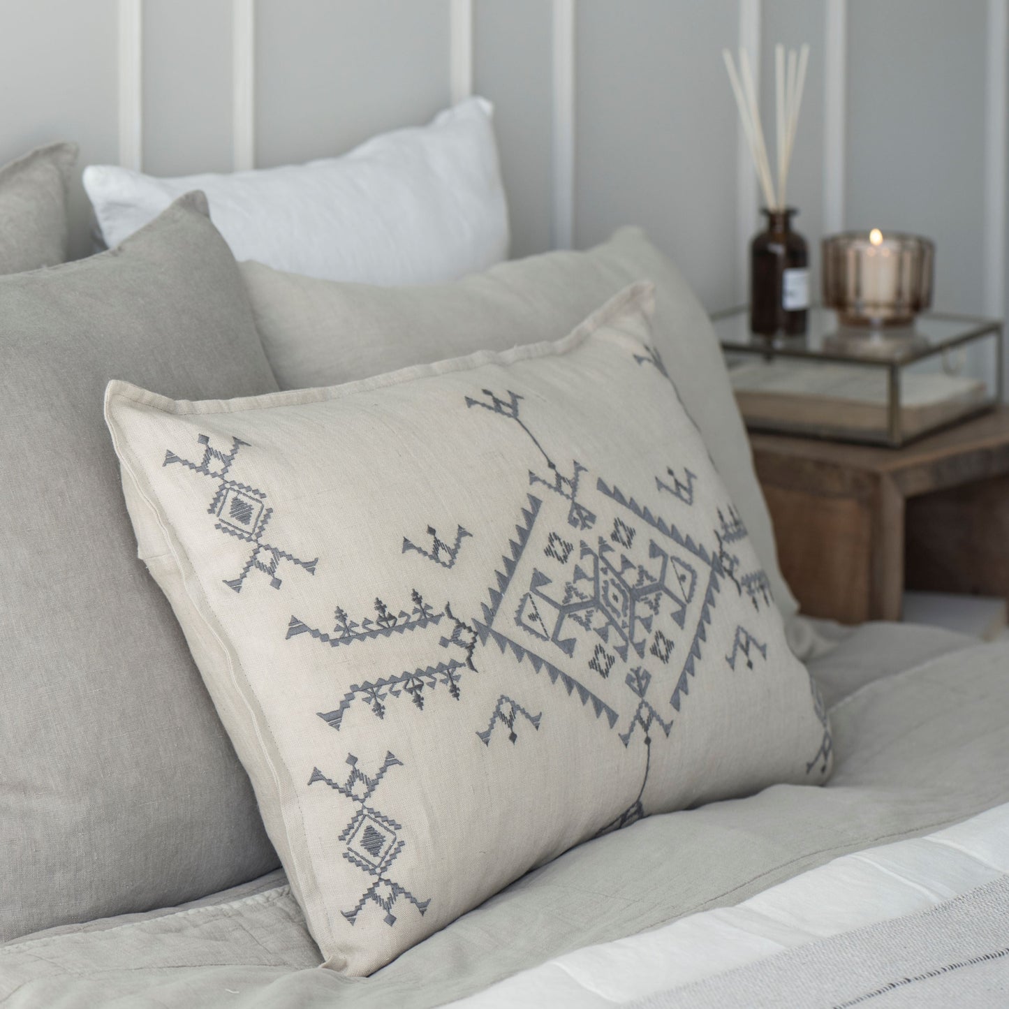 Natural Cushion Cover - Dark Grey Embroidery